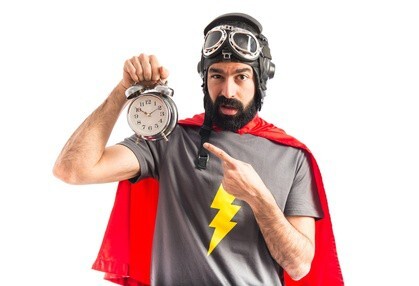 Super hero holding vintage clock